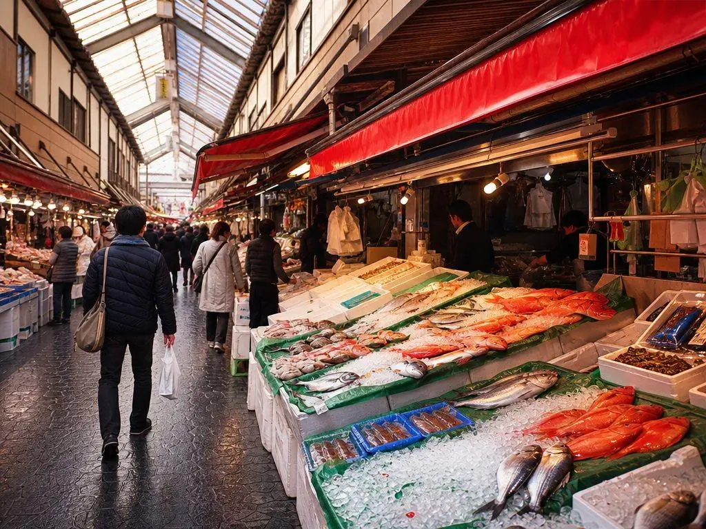 A lane through Kuromon Ichiba Market with restaurant chefs buying fish