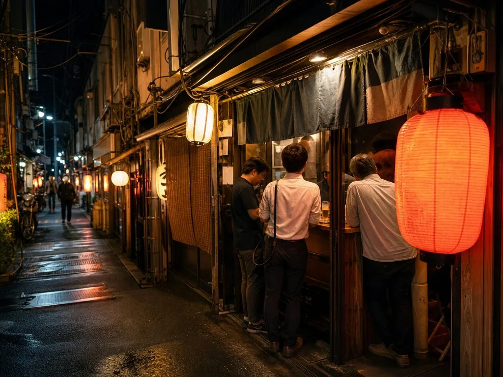 An Ura-Namba back alley at night &mdash; standing izakaya, lanterns and beer